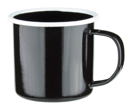 Emaille-Becher mit Henkel, schwarz mit weißem Rand - 360ml