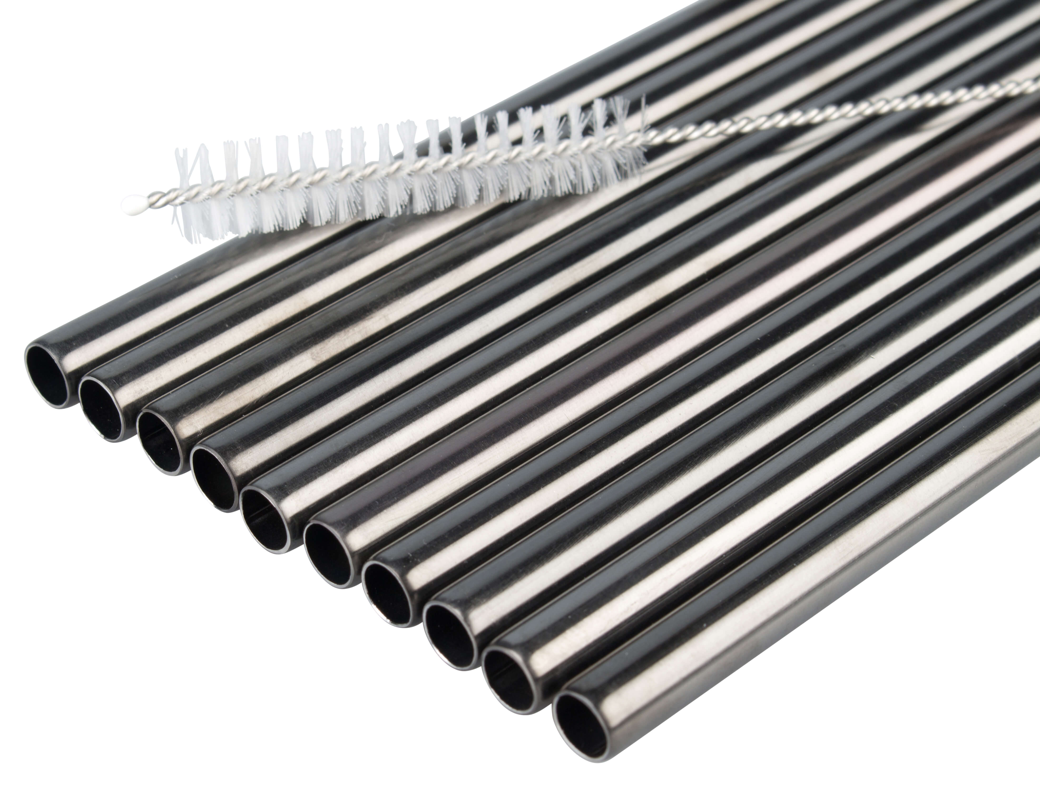 Trinkhalme, Edelstahl (8x215mm), schwarz GMB - 10 Stk.-Set mit Reinigungsbürste