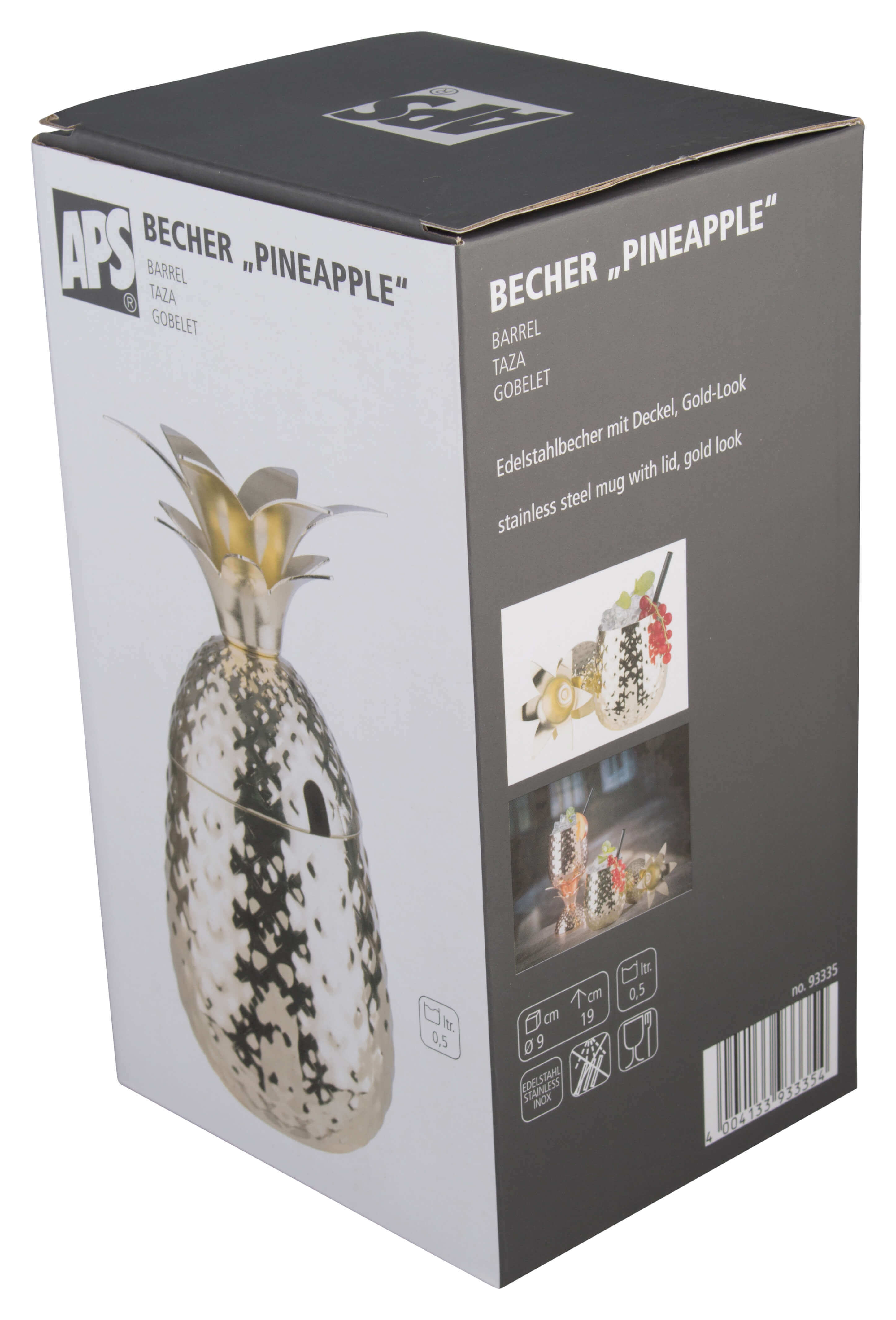 Edelstahlbecher "Ananas" mit Deckel, Gold-Look - 500ml