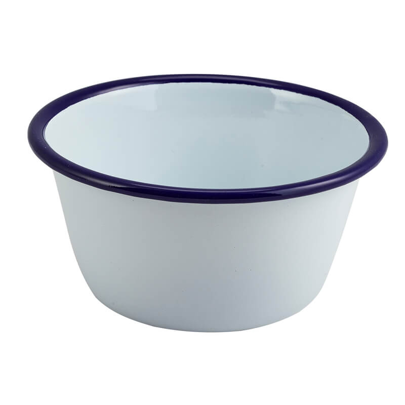 Emaille-Schale, weiß mit blauem Rand - 500ml (12 Stk.) Emaille-Schale, weiß mit blauem Rand - 500ml (12 Stk.)