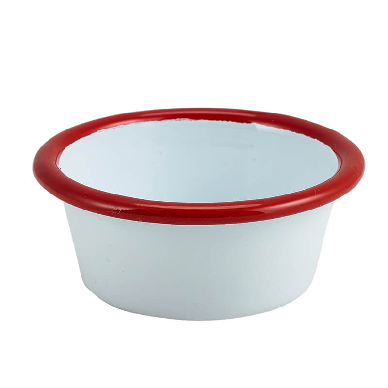 Dipschale Emaille 90ml flach - weiß mit rotem Rand (12 Stk.) Dipschale Emaille 90ml flach - weiß mit rotem Rand (12 Stk.)