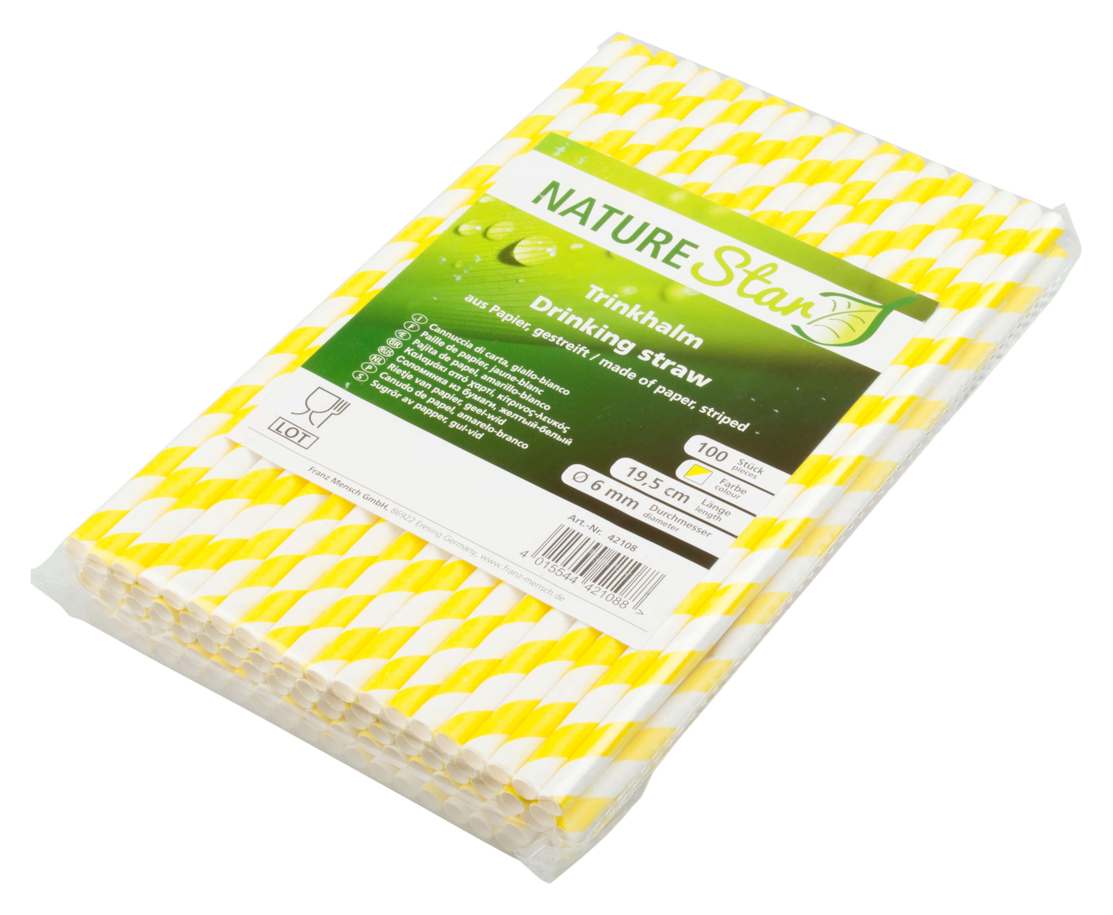 Trinkhalme, Papier (6x195mm), Streifen (gelb-weiß) - 100 Stk.