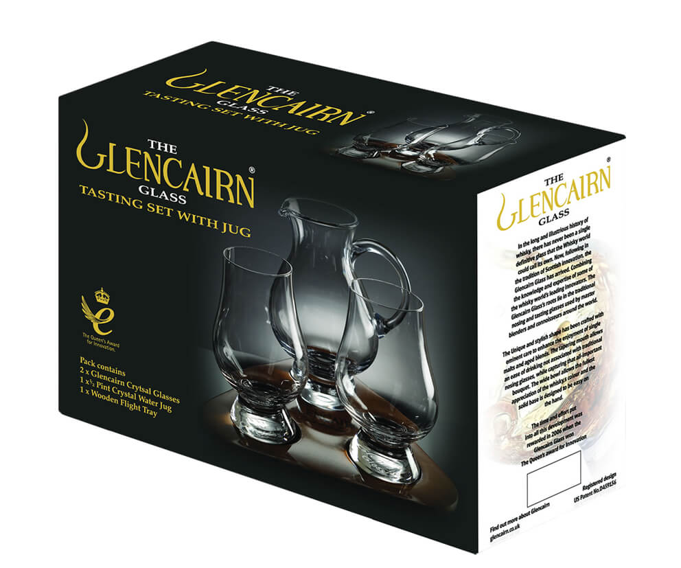 The Glencairn Whisky Tasting Set mit 2 Gläsern, Wasserkrug und Holztablett