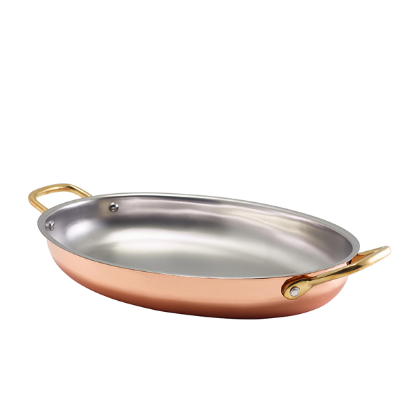 Ovale Schale mit Henkeln, Edelstahl kupferfarben - 30x21cm (3 Stk.) Ovale Schale mit Henkeln, Edelstahl kupferfarben - 30x21cm (3 Stk.)