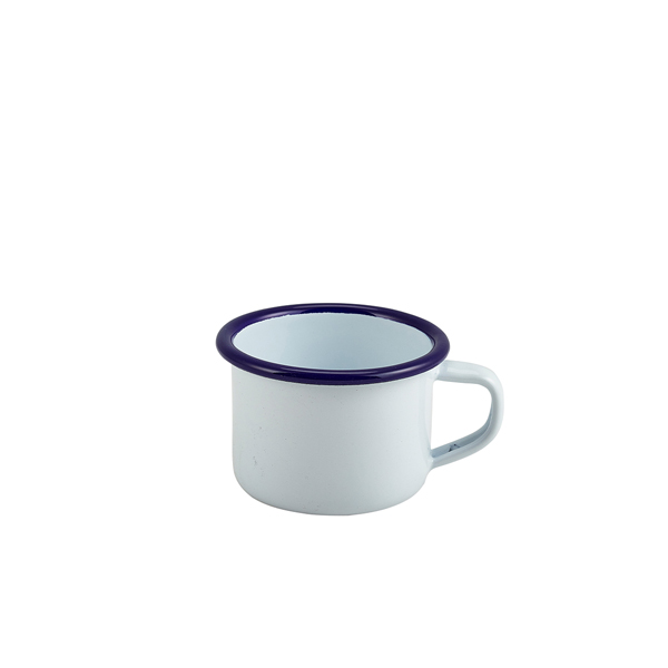 Emaille-Becher mit Henkel, weiß mit blauem Rand - 120ml Emaille-Becher mit Henkel, weiß mit blauem Rand - 120ml