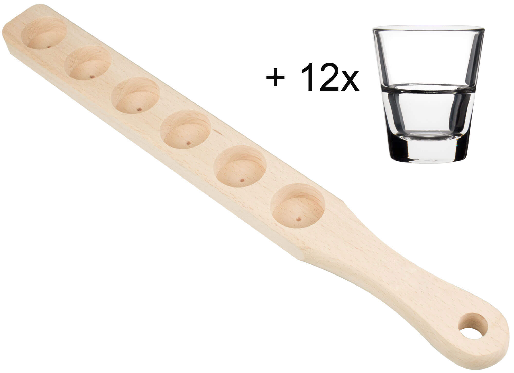 Schnapslatte Holz, 50,5cm - inkl. 12 Shotgläser