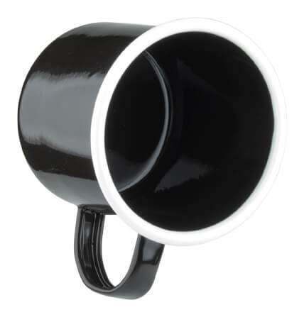 Emaille-Becher mit Henkel, schwarz mit weißem Rand - 360ml