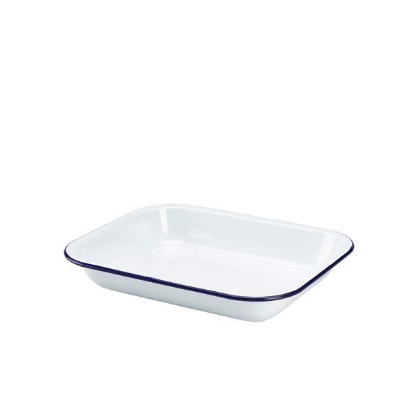 Emaille-Auflaufform, weiß mit blauem Rand - 28 x 23 x 4,5 cm Emaille-Auflaufform, weiß mit blauem Rand - 28 x 23 x 4,5 cm