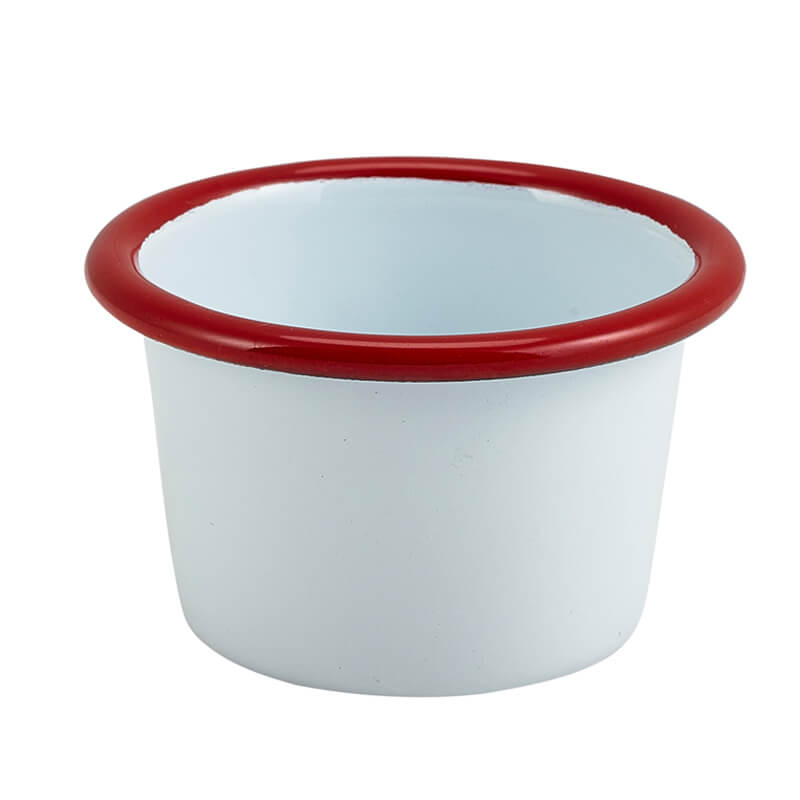 Dipschale Emaille 90ml - weiß mit rotem Rand (12 Stk.) Dipschale Emaille 90ml - weiß mit rotem Rand (12 Stk.)