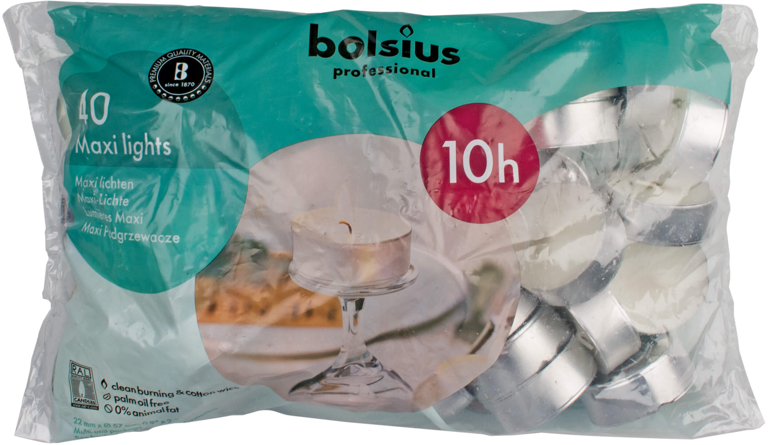 Maxi Teelichter, Bolsius, 10 Std., 22x60mm - weiß (40 Stk.)