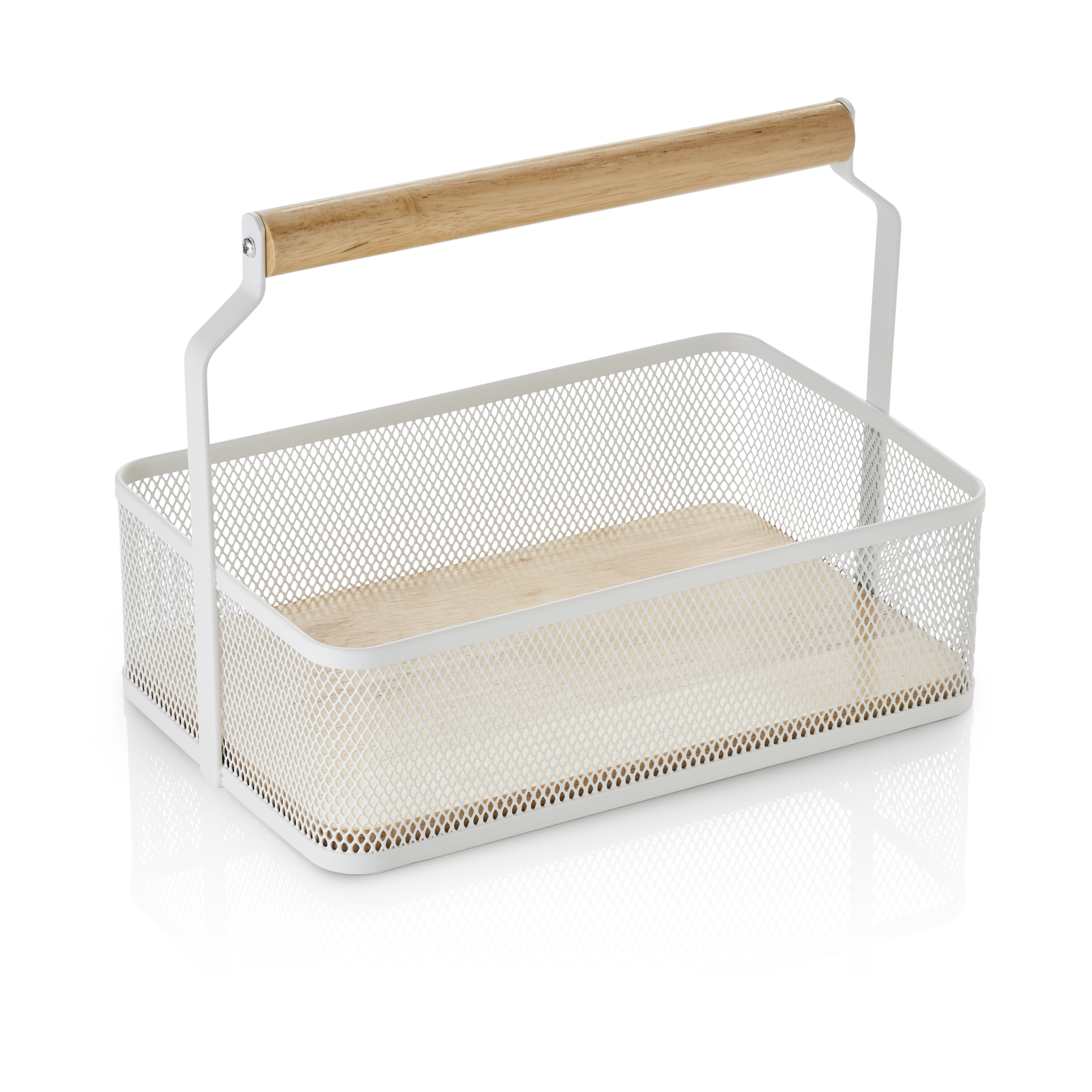 Table Caddy / Metall Korb mit Holzgriff, 23,5x15,6x7,5cm - weiß Table Caddy / Metall Korb mit Holzgriff, 23,5x15,6x7,5cm - weiß