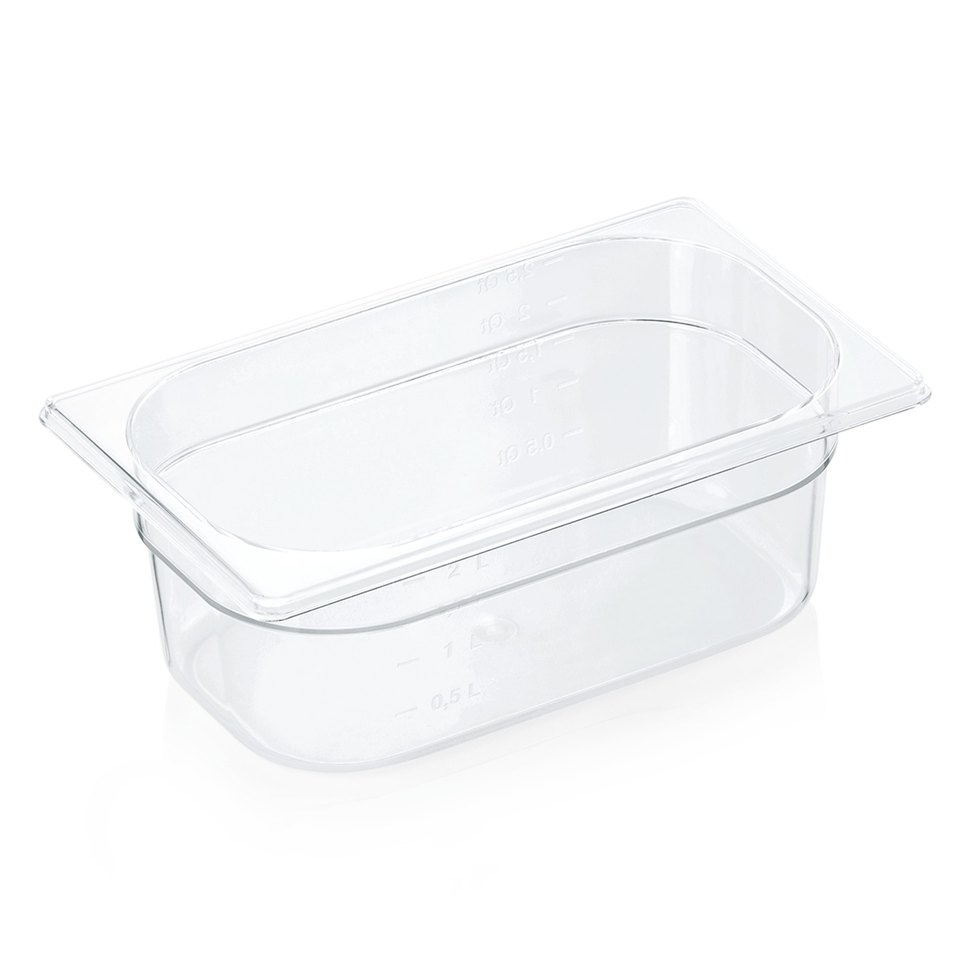 GN 1/4 Behälter mit Skalierung, Polycarbonat transparent - H 10cm (Serie GN 94) GN 1/4 Behälter mit Skalierung, Polycarbonat transparent - H 10cm (Serie GN 94)