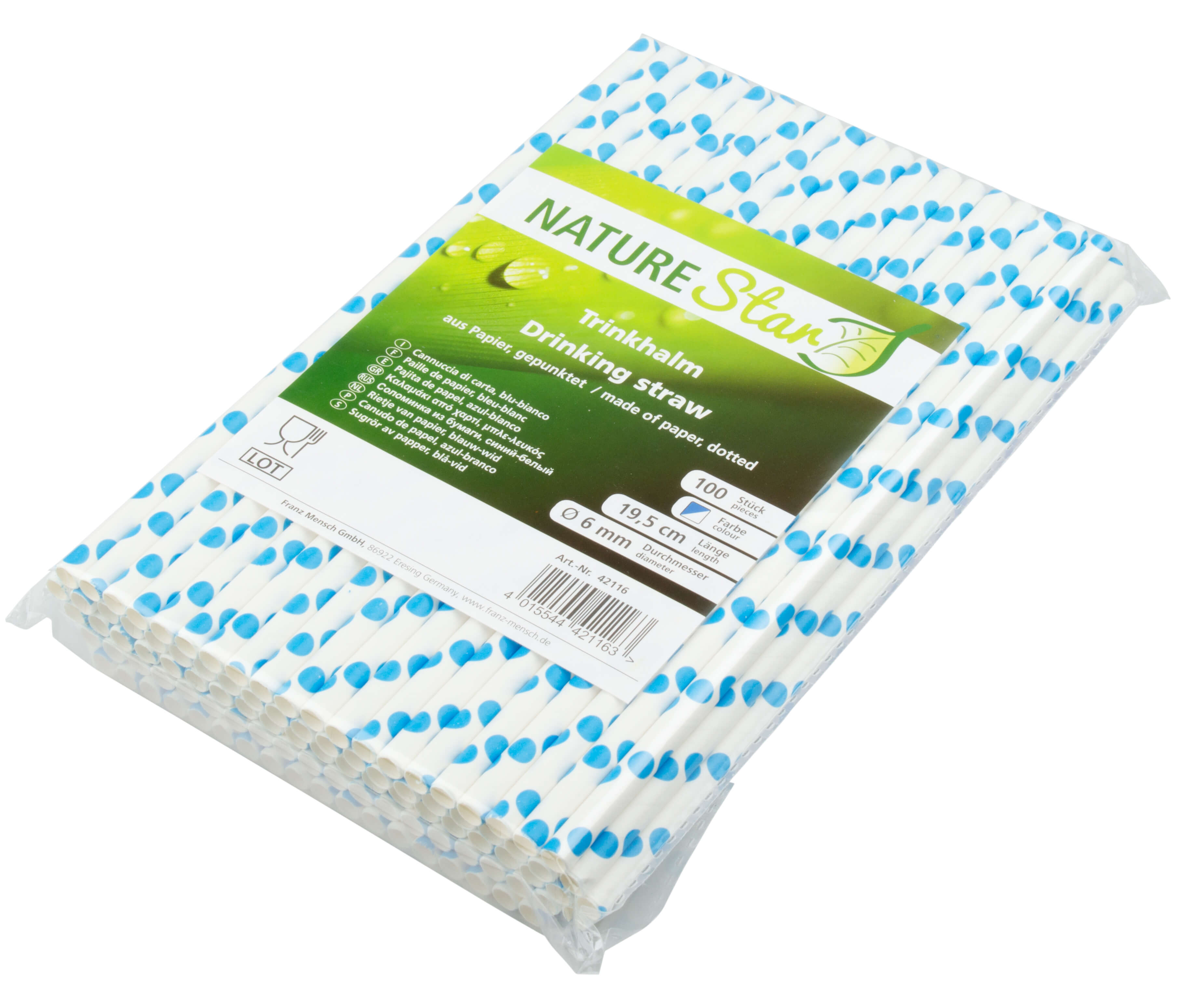 Trinkhalme, Papier (6x195mm), Punkte (blau-weiß) - 100 Stk.