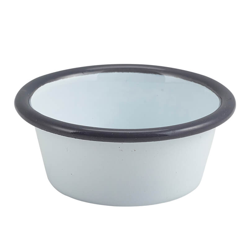 Dipschale Emaille 90ml flach - weiß mit grauem Rand (12 Stk.) Dipschale Emaille 90ml flach - weiß mit grauem Rand (12 Stk.)